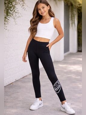 Nike kids Black Leggings with White Logo Print